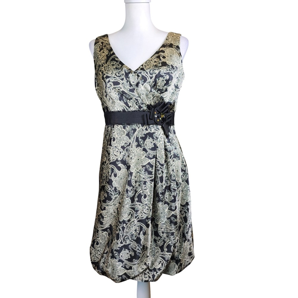 BCBG Paris Cocktail Dress Womens 10 Black Gold Bubble Hem Satin Party Wedding